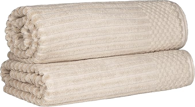 Cotton 2-Piece Solid and Ribbed Bath Sheet Set, Bath Sheets- 34" x 68", Ivory by Superior