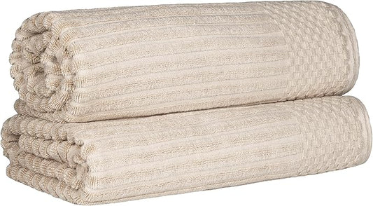 Cotton 2-Piece Solid and Ribbed Bath Sheet Set, Bath Sheets- 34" x 68", Ivory by Superior