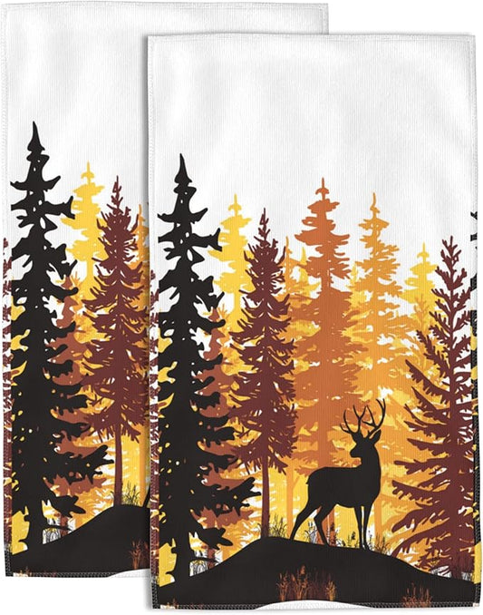 Sunset in Coniferous Forest Hand Towel Set,Deer with Sunset Hand Towels for Bathroom 2 Pack Soft Absorbent Decorative Dish Towel for Kitchen Sports Gym Yoga Home Decor 14 x 28 in