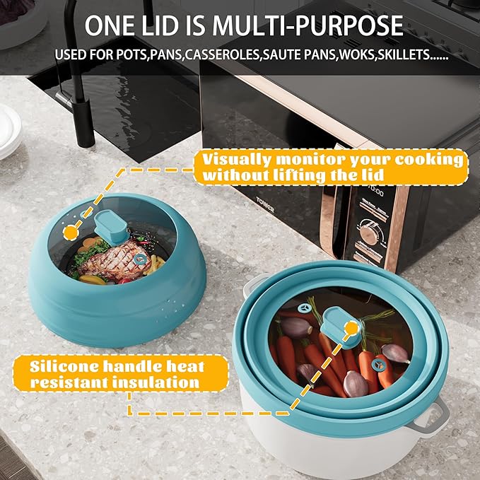 Microwave Splatter Cover, Vented Silicone and Glass Cover Splatter Guard Lid, Food Collapsible Plate Cover Lid with Easy Grip Handle. (Blue, 11.8 inch)