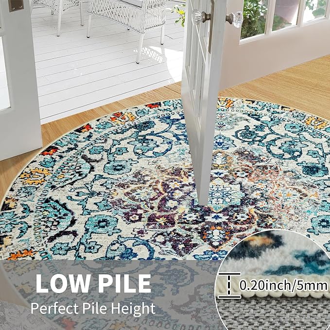 Easy-Going Round Area Rug 3ft Washable Boho Small Circle Rugs for Living Room Non-Slip Bedroom Rug Low Pile Lightweight Medallion Distressed Throw Rug for Dining Room Kitchen Office, Vintage Multi