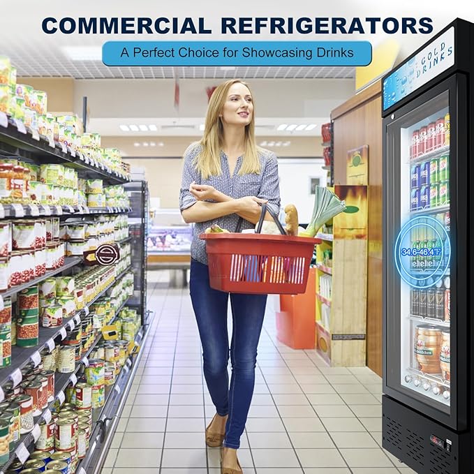 Commercial Glass Door Display Refrigerator 12 cu.ft Commercial Beverage Refrigerators with LED Light & 5 Shelves for Cafe, Restaurant, Store, Bar