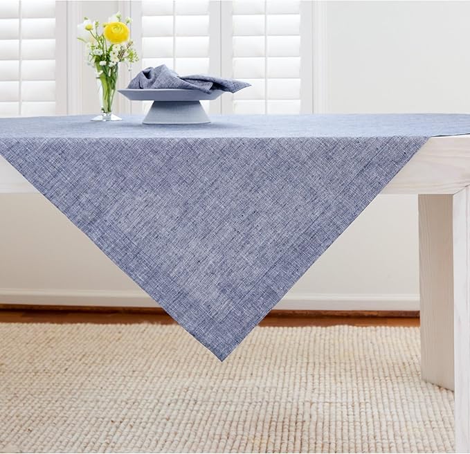 Solino Home Linen Cloth Tablecloth 52 x 52 Inch - 100% Pure Linen Chambray Indigo Square Tablecloth - Athena, Machine Washable Table Throw for Christmas, New Year