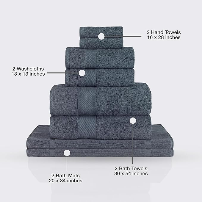 Towels Beyond - 8 Piece Luxury Towel Set, 100% Turkish Cotton, Includes 2 Bath Towels, 2 Hand Towels, 2 Washcloths & 2 Bath Mats, Highly Absorbent & Comfy Towels for Hotels & Spa | (Grey)