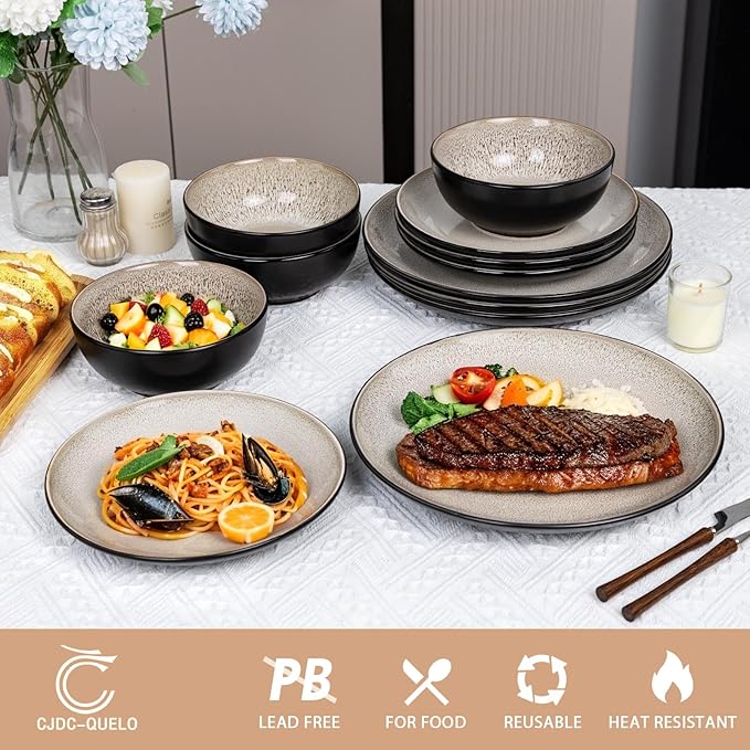 Plates and Bowls Sets for 6 - CJDC-QUELO 18-Piece Stoneware Dinnerware Sets, Ceramic Dishware Set for Indoor Kitchen Use and Formal Dining, Chip and Scratch Resistant Microwave Dishwasher Safe, Brown