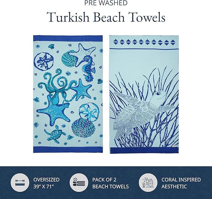 LANE LINEN Beach Towels for Women, 2 Pack Oversized, Pre-Washed, No-Shrink, Sand-Free, Quick Dry, Lightweight Travel Beach Towels for Pool & Shore, Soft and Absorbent – 39"x71", Sky Blue