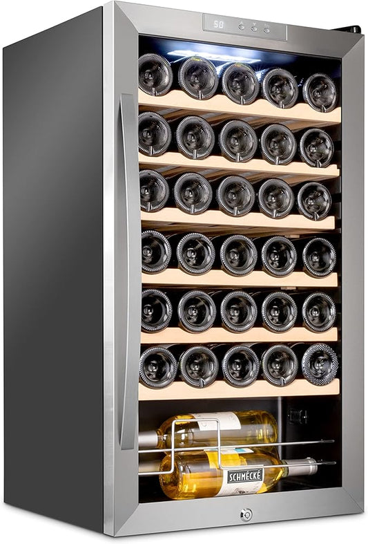 SCHMÉCKÉ 34 Bottle Compressor Wine Cooler Refrigerator w/Lock - Large Freestanding Wine Cellar For Red, White, Champagne or Sparkling Wine - 41f-64f Digital Temperature Control Fridge Stainless Steel