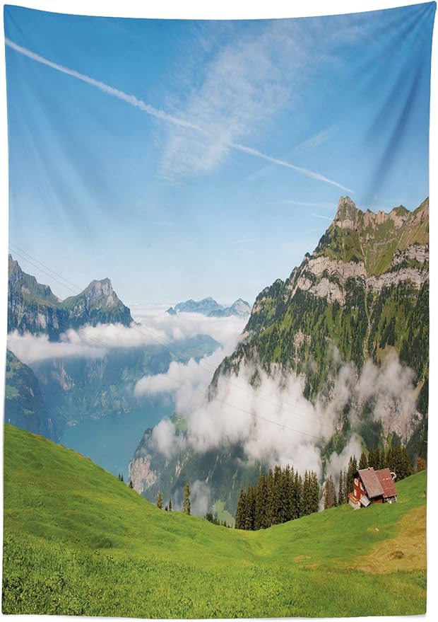 Ambesonne Mountain Tablecloth, Pastoral View Switzerland Lake Lucerne Cloudy Grassland Pines Altdorf Uri, Dining Room Kitchen Rectangular Table Cover, 52" X 70", White Green
