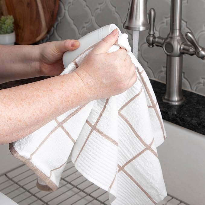 T-fal Solid & Checked Parquet Kitchen Towels: Highly Absorbent, Super Soft Long Lasting - 100% Cotton, 16"x26" Dish Towels for Cleaning & Drying Dishes, Pans, Glassware, or Countertops, (2-Pack), Sand