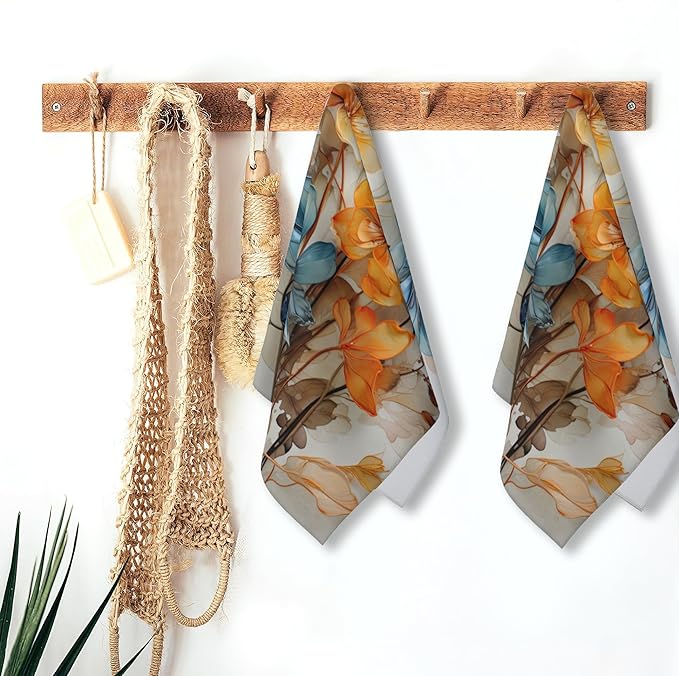 Colorful Abstract Teal Flower Cotton Towels - Set of 2 Soft Kitchen & Bathroom Hand Towels - 14"X28"