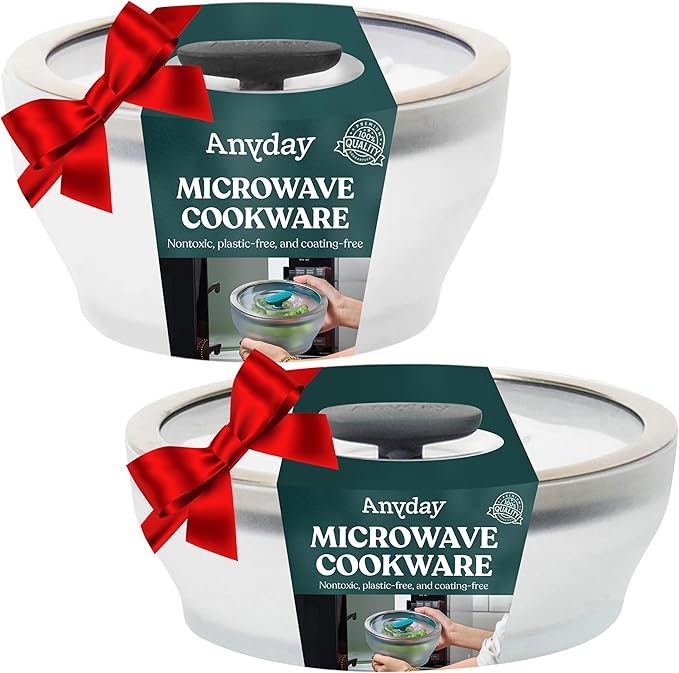 Anyday 4-Pc Microwave Cookware & Glass Food Storage Set with Glass Lids | Medium Plastic-Free Containers | Stackable Steamer with Vented Lid for Microwave-Safe Reheating & Steaming Vegetables, Rice