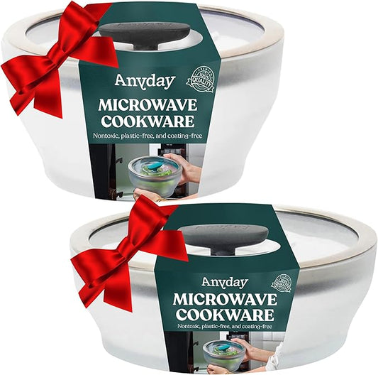 Anyday 4-Pc Microwave Cookware & Glass Food Storage Set with Glass Lids | Medium Plastic-Free Containers | Stackable Steamer with Vented Lid for Microwave-Safe Reheating & Steaming Vegetables, Rice