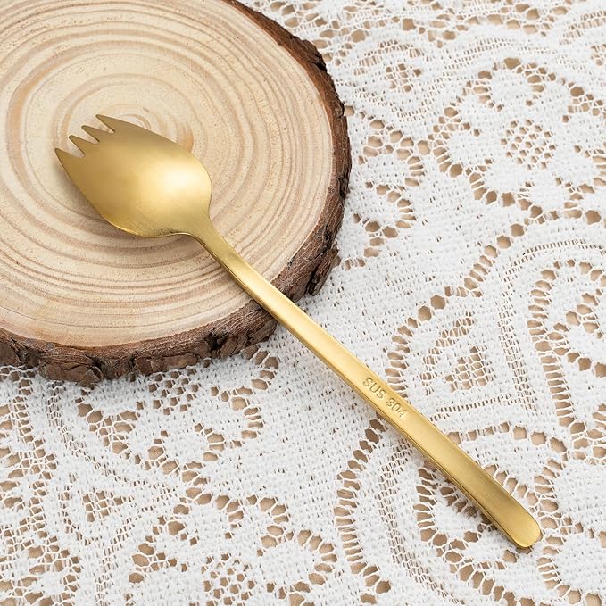 8-Piece Gold Salad Serving Set - 11.4 inch Stainless Steel Spoon & Fork with 6 Salad Forks, Titanium Plating, Dishwasher Safe for Entertaining, Parties