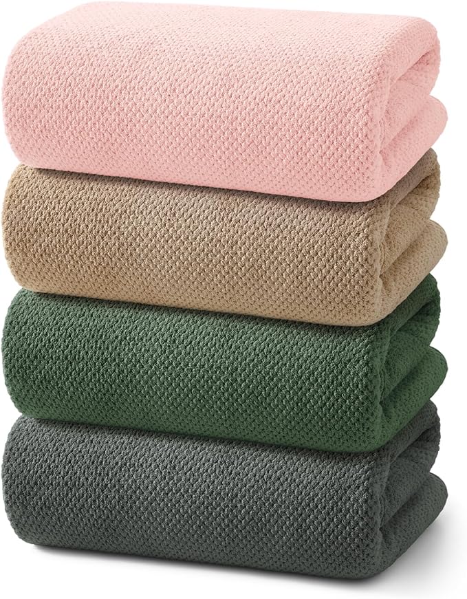 REDKISS Soft Bath Towels Set of 4-35 x 70 in Extra Large Coral Fleece Bath Towel, Highly Absorbent Plush Bathroom Towels for Adult, Quick Dry Towel Set for Spa, Gym, Travel, Pink, Camel, Olive, Gray