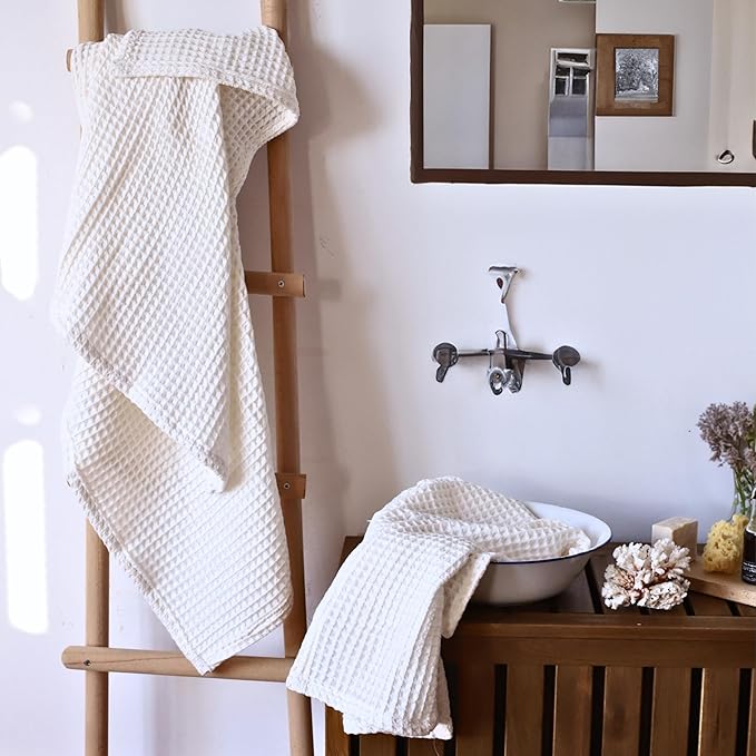 Premium Waffle Hand Towels Pack of 4 Extra Large 20x35 inch - 100% Turkish Cotton, Waffle Weave, Quick Dry, Lint Free, Super Absorbent, Thin Hand Bath Towel (White, Set of 4 Hand Towels)