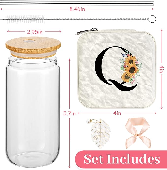 AYGXU Teacher appreciation gifts for women,glass cup with bamboo lid and straw,end of year teacher gifts,aesthetic cups,Travel Gifts for Teacher,best teacher appreciation gifts,Initial Q white