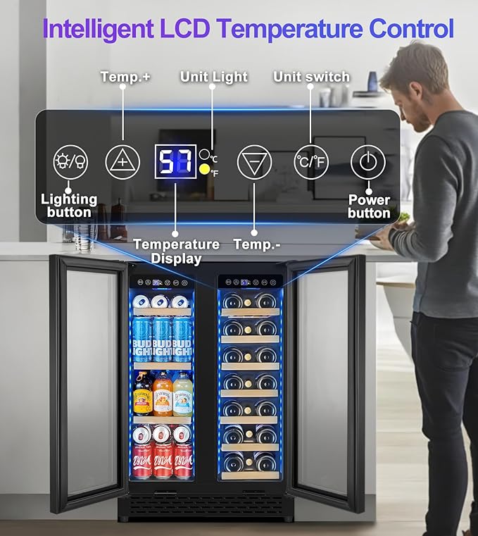 24 Inch Wine and Beverage Refrigerator，90 Can & 21 Bottle Dual Zone Wine Fridge Cooler, Built-In or Under Counter Fridge with 3 LED, Fast Cooling & Low Noise for Home/Kitchen
