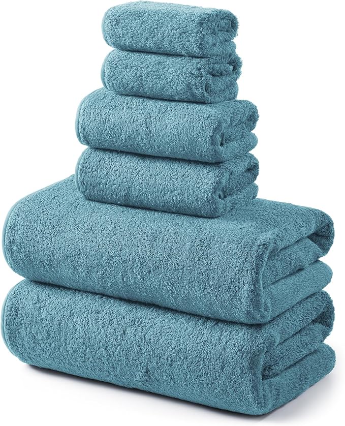 REDKISS 6-Piece Bath Towel Set, Ultra-Plush & Highly Absorbent 100% Cotton Towels for Bathroom, Blue Set Includes 2 Bath Towels, 2 Hand Towels, 2 Washcloths