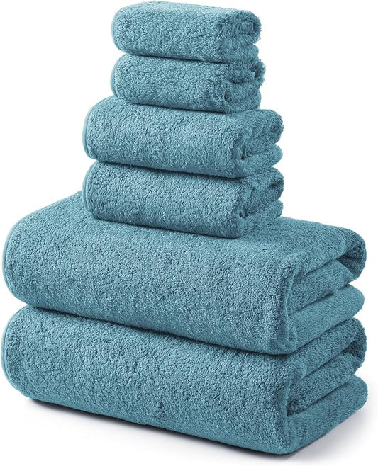 REDKISS 6-Piece Bath Towel Set, Ultra-Plush & Highly Absorbent 100% Cotton Towels for Bathroom, Blue Set Includes 2 Bath Towels, 2 Hand Towels, 2 Washcloths