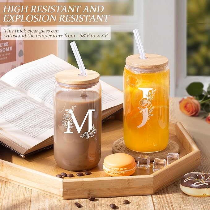 Personalized Gifts for Women, Monogrammed Gifts for Women, Initial 16 oz Glass Cups With Lids and Straws, Customized Mug, Personalized Birthday Gifts Christmas Gifts for Her Mom Friend Woman, M