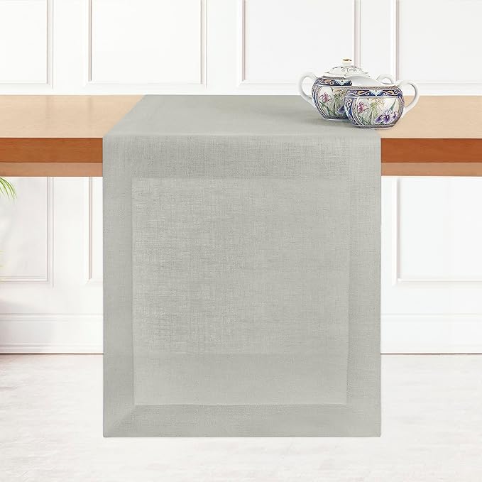 D'Moksha Homes Linen Table Runner 48 Inches - 100% Pure Linen Silver Grey Table Runner 14 x 48 Inch for Coffee Tables, Dresser, Winter, Christmas, Holiday, New Year - Machine Washable