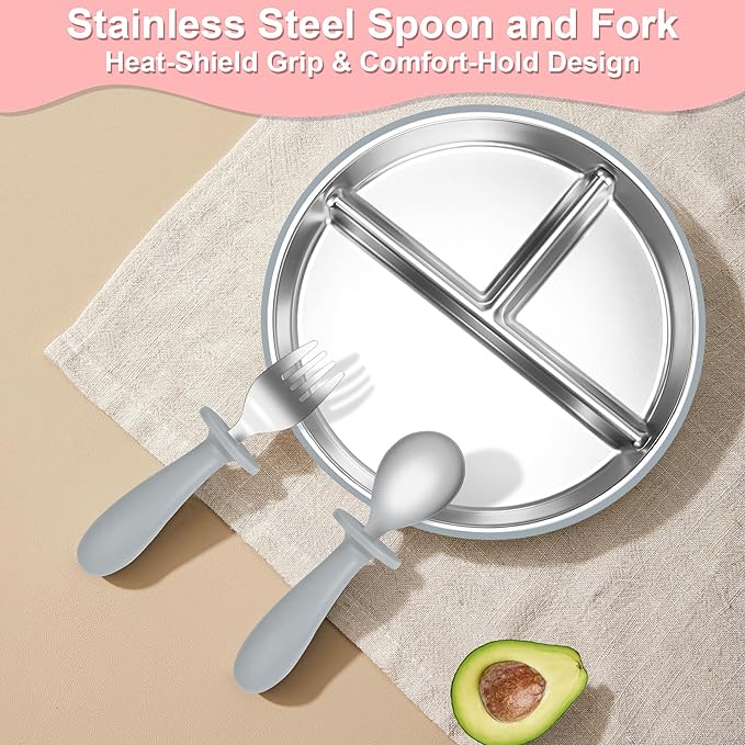 Bella's Friends Baby Feeding Set, 2 Pack Stainless Steel Divided Plate with Silicone Suction, 2 Set Spoons and Forks, BPA Free, Dishwasher Safe, Baby Led Weaning Supplies, Toddler Utensils, gray blue
