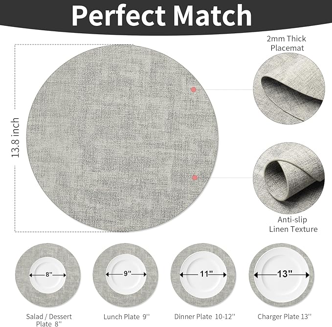 Maxpearl Round Placemats Set of 6, 13.8 inch Faux Leather Heat Resistant Table Mats, Non Slip Waterproof Wipeable Place Mats for Kitchen Dining Holiday Party Table Settings, Grey