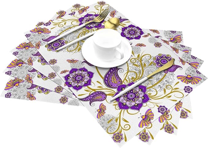Boho Floral Placemats Set of 4 Linen Washable Non-Slip Heat-Resistant Purple Kitchen Table Mats for Dining Outdoor Party Home Decor 12x18 Inch Flower Decorative Place Mats