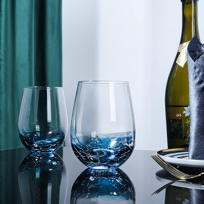 Joeyan Handmade Blue Stemless Crackle Wine Glasses Cups,Large Crystal Red Wine Tumblers,Aesthetics Glassware Collection, Home Gift,Set of 2,19 oz