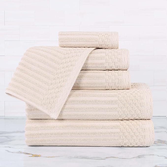 Cotton 6-Piece Solid and Ribbed Towel Set, Face Towels 13” x 13”, Hand Towels 16” x 28”, Bath Towels 27” x 54”, Ivory by Superior