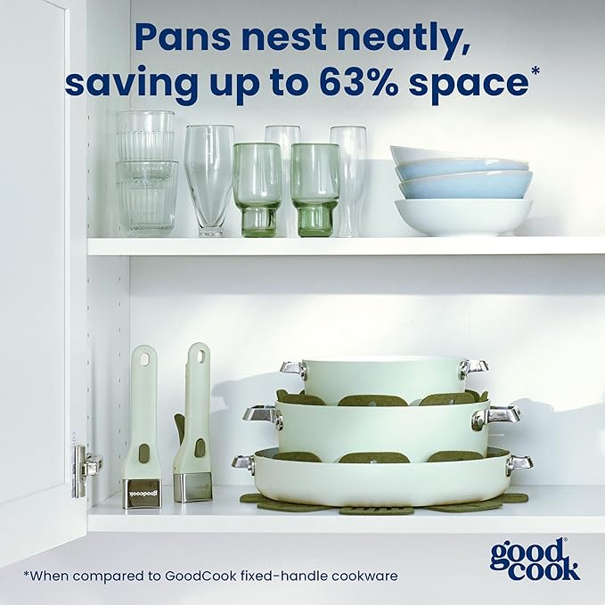 GoodCook Ceramic Cookware Set 14-Piece with Removable Handles, Nonstick Pots & Pans, Induction & Oven Safe, Sage Green