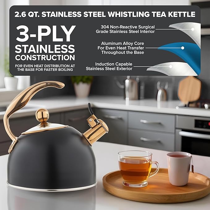 Viking 3-Ply Stainless Steel Tea Kettle, 2.6 Quart Stovetop Hot Water Pot with Tempered Glass Lid, Ergonomic Handle, Induction Ready, Matte Black and Copper
