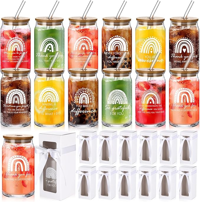 Layhit 12 Set Employee Appreciation Gifts Bulk 16 oz Thank You Glass Cups for Staff Coworker Thanksgiving Christmas Inspirational Glass Cups with Lids Straws Gift Boxes for Office Team Women Teacher