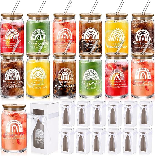 Layhit 12 Set Employee Appreciation Gifts Bulk 16 oz Thank You Glass Cups for Staff Coworker Thanksgiving Christmas Inspirational Glass Cups with Lids Straws Gift Boxes for Office Team Women Teacher