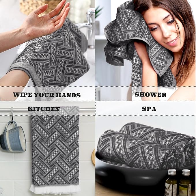 4 Pack Boho Bathroom Hand Towel 14 x 30 Inch 100% Turkish Cotton Decorative Boho Kitchen Hand Towel Farmhouse Bathroom Decor Set Absorbent Soft Guest Tea Gift(Gray,White)