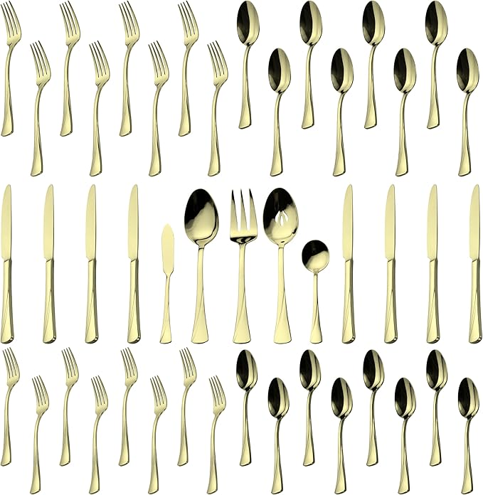 Alata Alice Champagne Gold Mirror 45-Piece Silverware Set Stainless Steel Flatware Set,Service for 8,Mirror Polished Cutlery Set,Dishwasher Safe