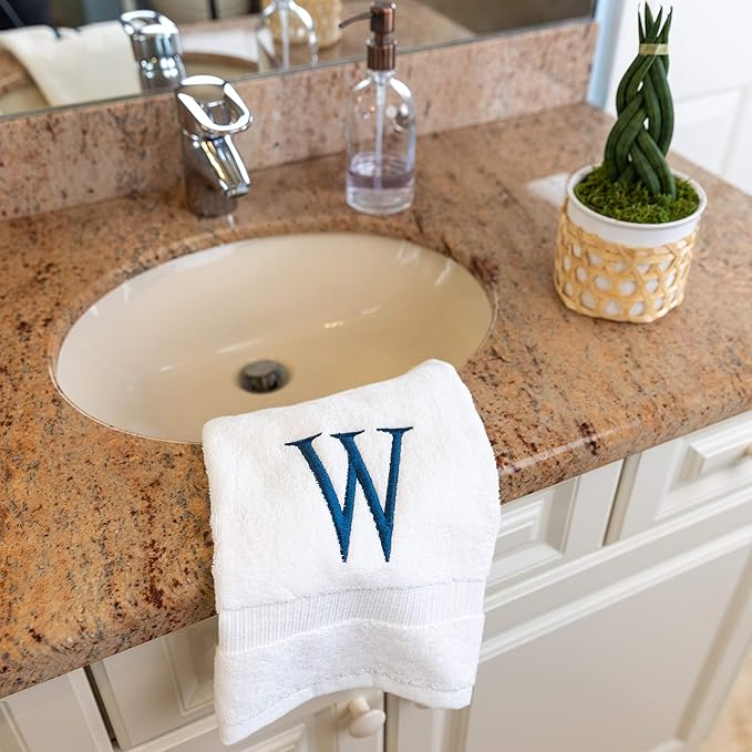 Monogrammed Hand Towels for Bathroom - Luxury Hotel Quality Personalized Initial Decorative Embroidered Bath Towel for Powder Room, Spa - GOTS Organic Certified - Set of 2 Navy Letter W