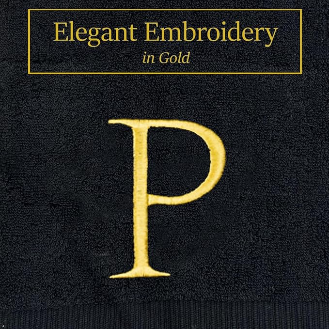 Black Monogrammed Hand Towel for Bathroom - Initial Hotel Quality Decorative Embroidered Luxury Towel for Powder Room, Spa - GOTS Organic Certified - Pack of 2, Letter P