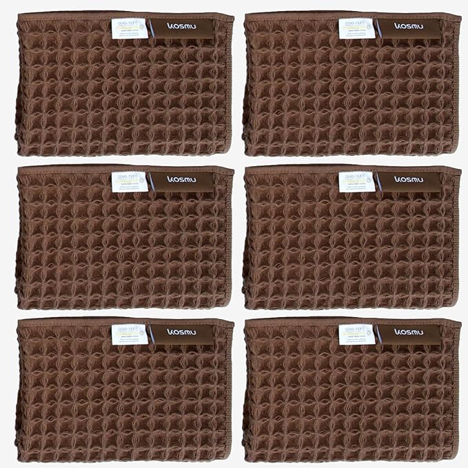 Luxury Organic Japanese Cotton Waffle Bath Towel | Thick, Absorbent, Quick Dry Bathroom Towels for Shower, Sauna, Onsen| Hotel & Spa Quality, Gift-Ready (Dark Cocoa, Face Towel (6 Pack))