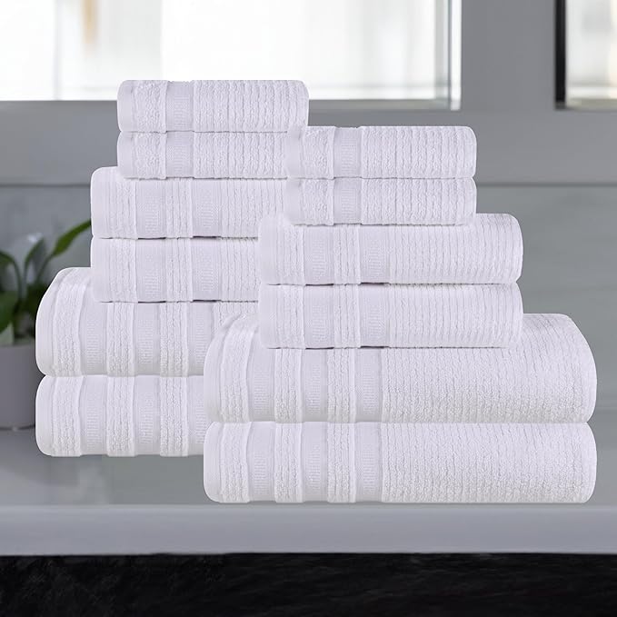 Superior Cotton 12-Piece Towel Set, Zero Twist, Ribbed Geometric, Bathroom Essentials, Shower, Spa, Luxury Plush Soft Absorbent Towels, Includes 4 Bath, 4 Hand, 4 Washcloth/Face Towels, White