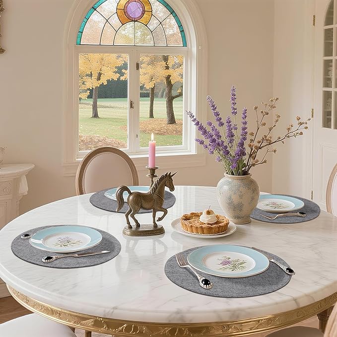 homing 15 Inch Round Cloth Placemats Set of 4, Cotton Linen Blend Washable Table Mats, Farmhouse Dining Place Mats for Indoors & Outdoors, Easy to Clean, Dark Grey