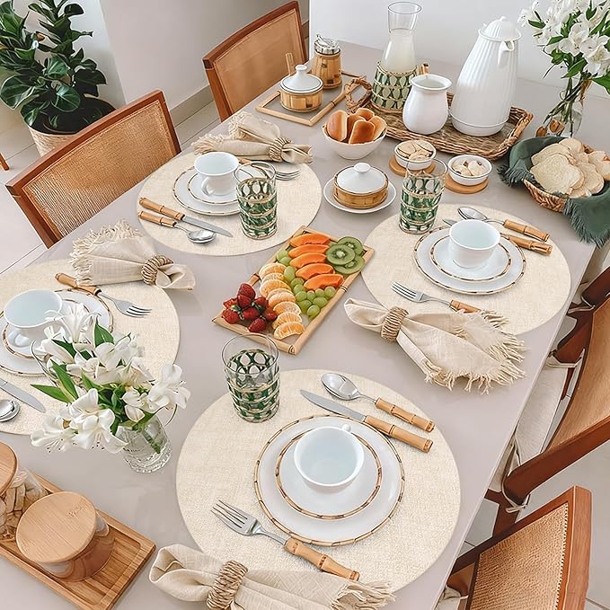 Maxpearl Round Placemats Set of 6, 13.8 inch Faux Leather Heat Resistant Table Mats, Non Slip Waterproof Wipeable Place Mats for Kitchen Dining Holiday Party Table Settings, Beige