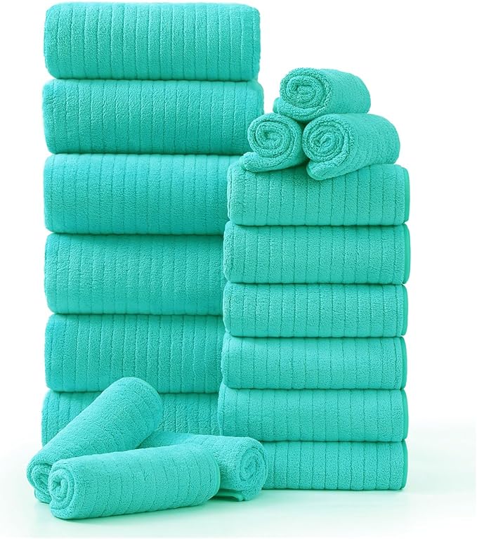 18 Piece Family Bath Towel Set Include 6 Bath Towels,6 Hand Towels and 6 Washcloths Soft Bathroom Towel with Hanging Loops,Highly Absorbent Quick Dry Towels Set for Bathroom,Hotel and Spa- Dark Cyan