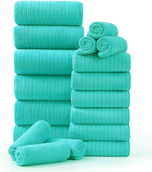 18 Piece Family Bath Towel Set Include 6 Bath Towels,6 Hand Towels and 6 Washcloths Soft Bathroom Towel with Hanging Loops,Highly Absorbent Quick Dry Towels Set for Bathroom,Hotel and Spa- Dark Cyan