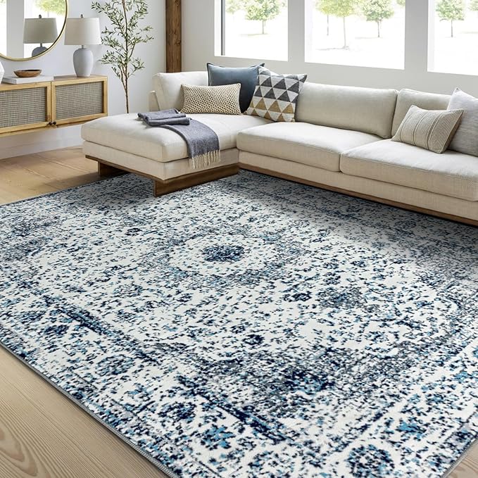 Easy-Going Area Rug 6x9 Washable Boho Rugs for Living Room Non-Slip Bedroom Rug Low Pile Lightweight Floral Print Vintage Throw Rug for Dining Room Kitchen Home Office Carpet, Blue Cream