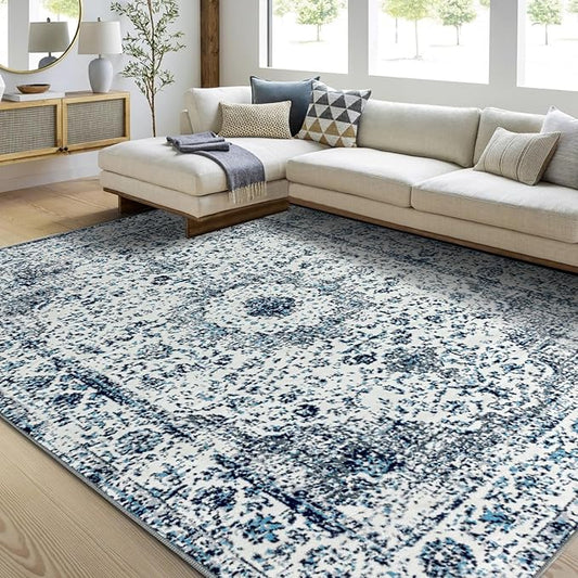 Easy-Going Area Rug 6x9 Washable Boho Rugs for Living Room Non-Slip Bedroom Rug Low Pile Lightweight Floral Print Vintage Throw Rug for Dining Room Kitchen Home Office Carpet, Blue Cream