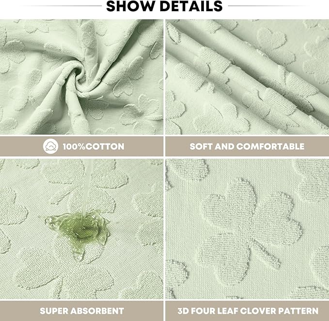 Artoid Mode 2 Pcs Light Green 3D Shamrock Jacquard Patrick Hand Towels for Bathroom, 100% Cotton Soft Absorbent Bathroom Decor Towels, 13.7 x 29.5 Inch
