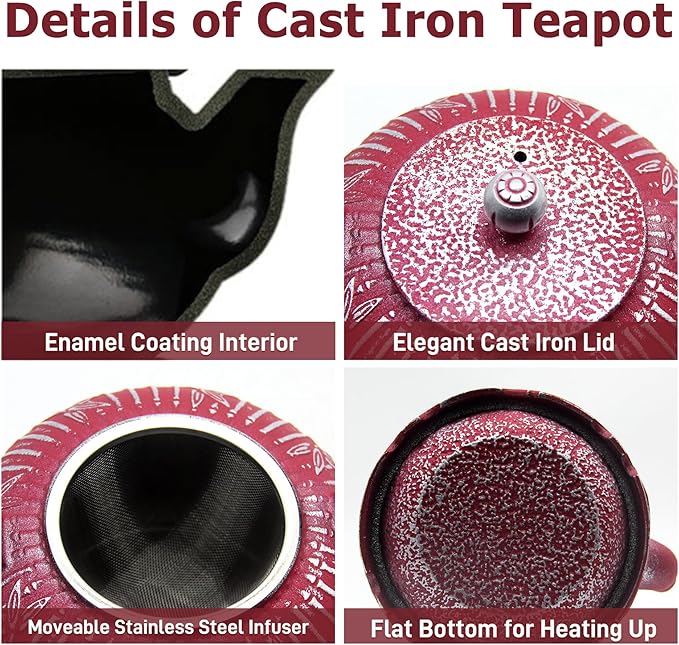 Tea Kettle, Japanese Cast Iron Teapot with Stainless Steel Infuser, Cast Iron Tea Kettle, Durable Teapot Coated with Enameled Interior (40.6oz Burgundy Bamboo Leaf Pattern)