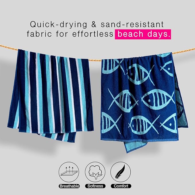 CASA COPENHAGEN Miami Bath Sheets Designed in Denmark Rough and Tough, Quick Dry, for Pool, Bath & Shower 35"x70", 2 Pieces Cotton Beach Towels Set - Fish Navy + Turquoise Stripe