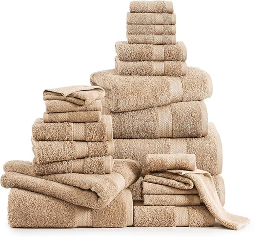 Lane Linen 100% Cotton Towel Set for Bathroom - 24 PCs - Durable, Soft, Quick Dry & Absorbent Towels - 2 Bath Sheet, 4 Fingertip, 8 Washcloths, 4 Bath & 6 Hand Towels for Bathroom - Family Set - Beige